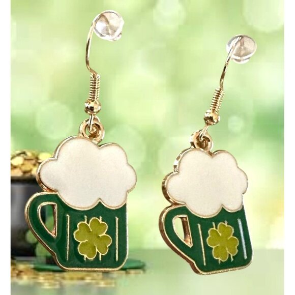 St Patricks Day Earrings Beer Four Leaf Clover Dangle Hooks Parade New F… - Picture 5 of 11